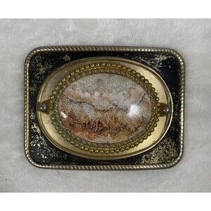 Vintage Rectangle Belt Buckle Stone Inlay Antiqued Boho Artsy Western Chic Rodeo